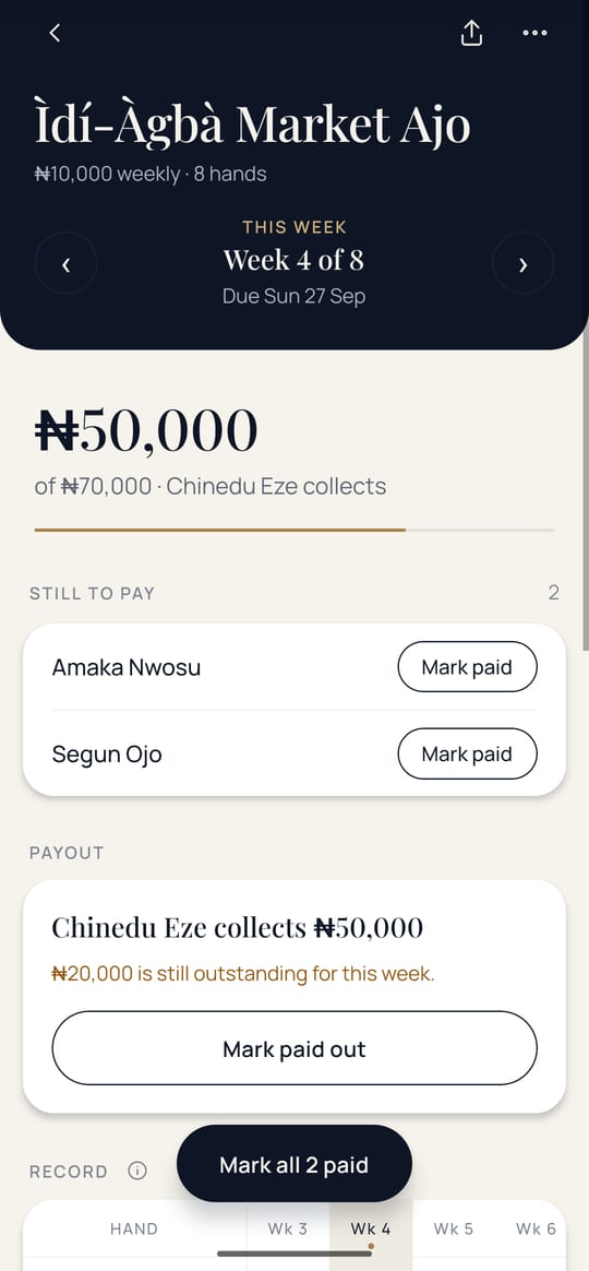 Ajo Ledger group ledger with members still to pay