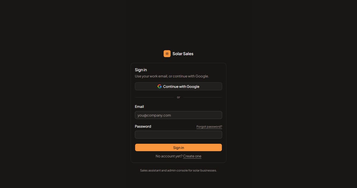 The Solar Sales console sign-in page